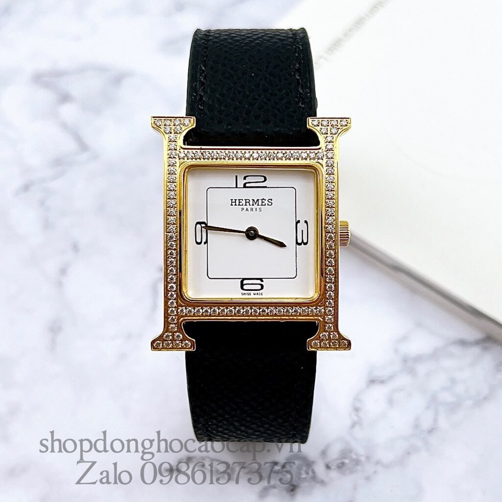 Đồng Hồ Hermes Heure H Double Jeu Nữ Dây Da Đen 26x26mm