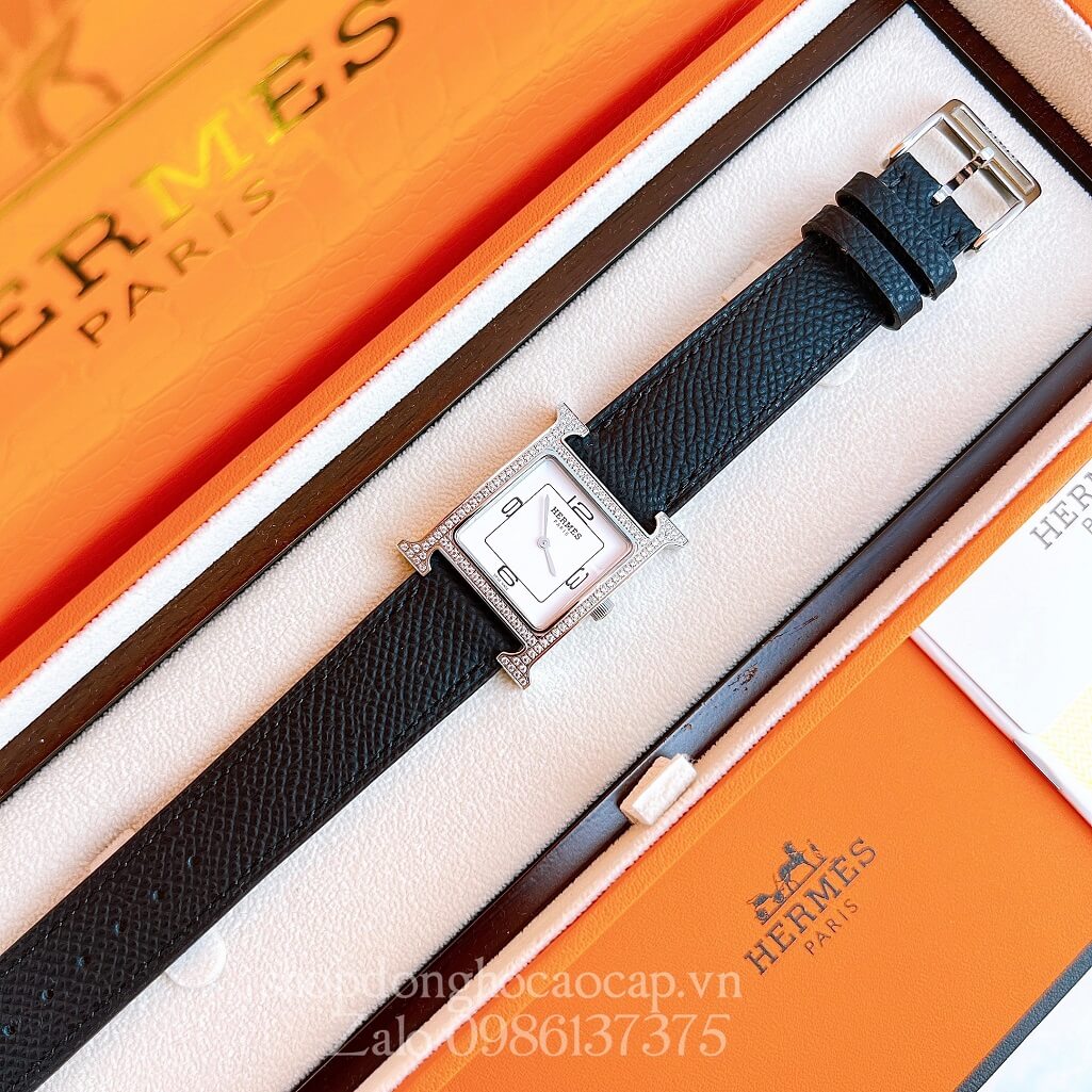 Đồng Hồ Hermes Heure H Double Jeu Siêu Cấp Nữ Dây Da Đen Silver 26x26mm