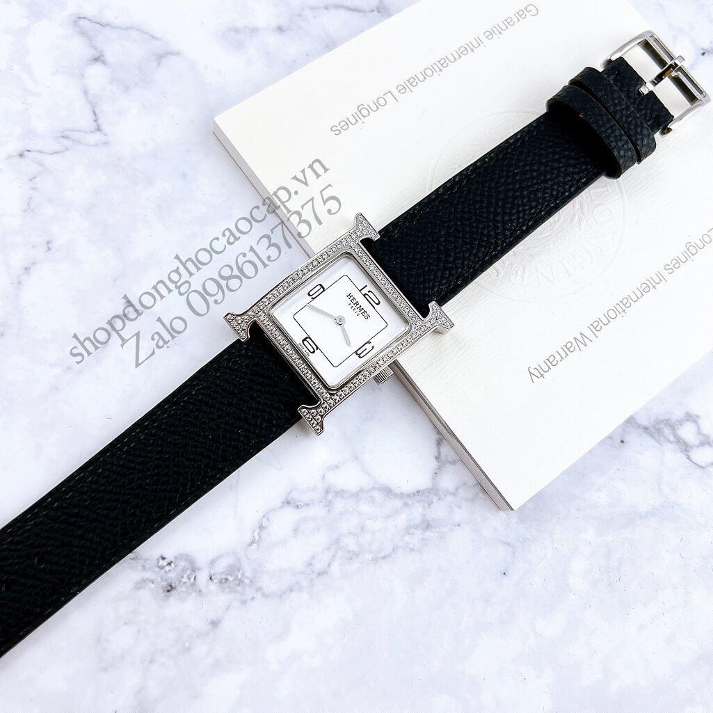 Đồng Hồ Hermes Heure H Double Jeu Siêu Cấp Nữ Dây Da Đen Silver 26x26mm