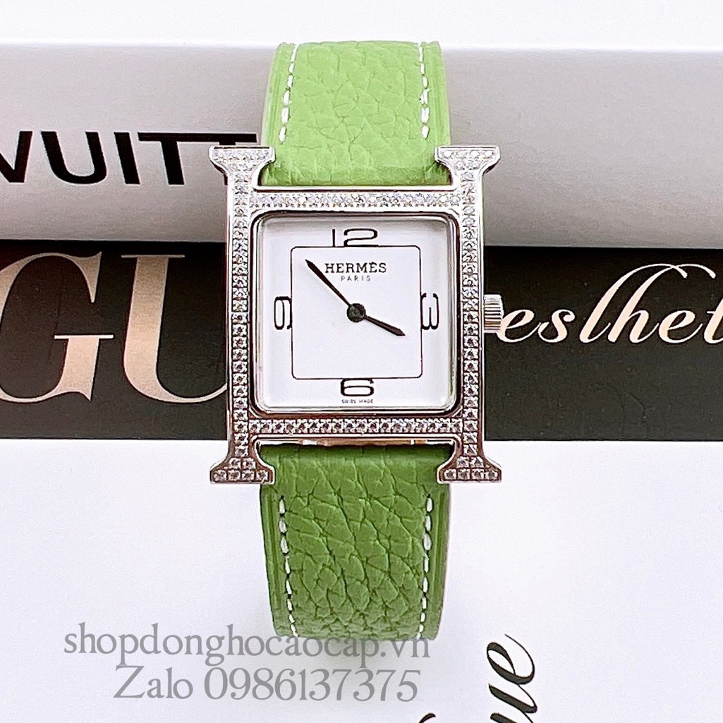 Đồng Hồ Hermes Heure H Double Jeu Nữ Dây Da Xanh Cốm Silver 26x26mm