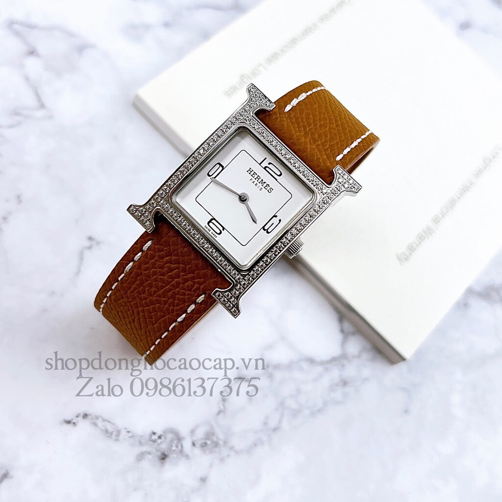 Đồng Hồ Hermes Heure H Double Jeu Nữ Dây Da Nâu Bò Silver 26x26mm