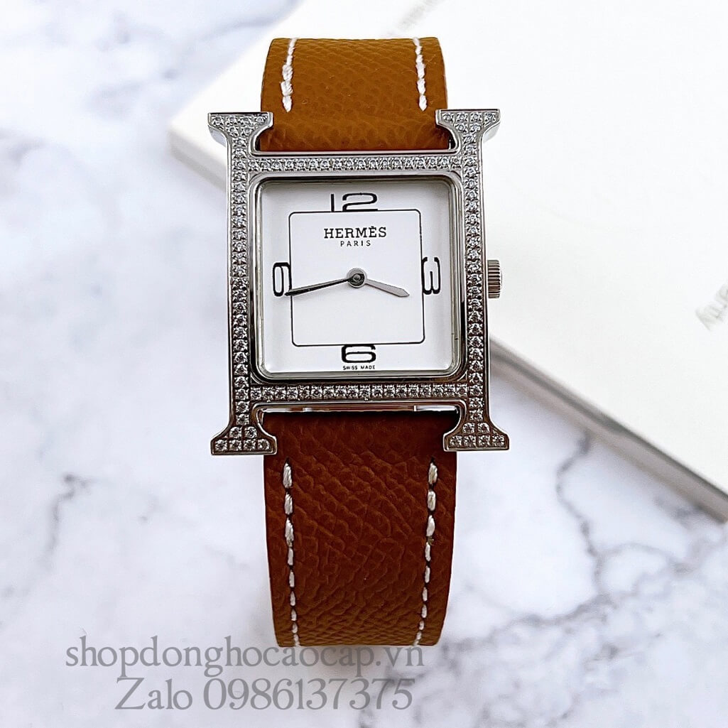 Đồng Hồ Hermes Heure H Double Jeu Nữ Dây Da Nâu Bò Silver 26x26mm