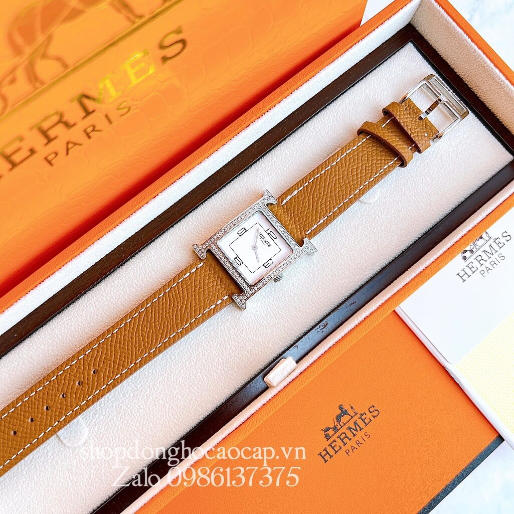 Đồng Hồ Hermes Heure H Double Jeu Nữ Dây Da Nâu Bò Silver 26x26mm