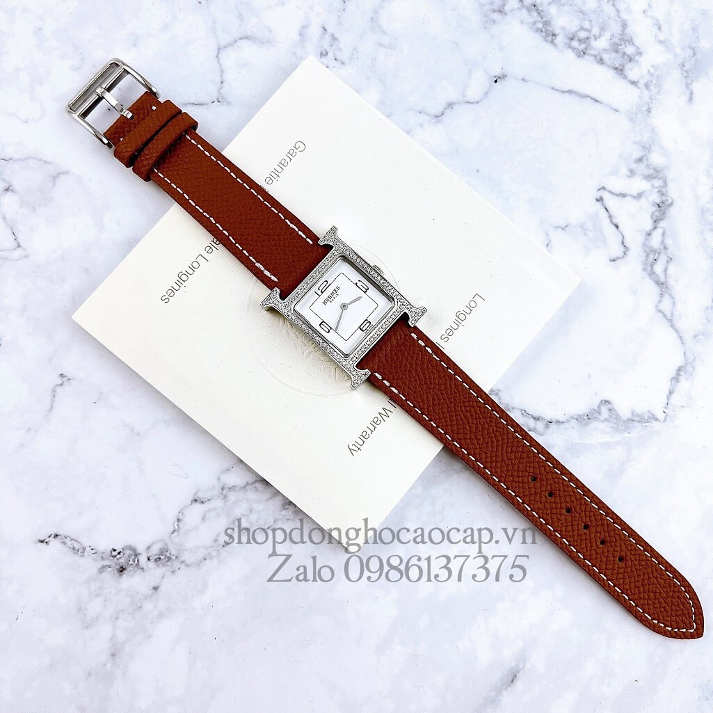 Đồng Hồ Hermes Heure H Double Jeu Nữ Dây Da Nâu Bò Silver 26x26mm