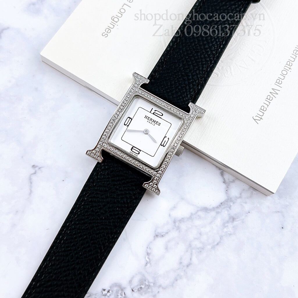 Đồng Hồ Hermes Heure H Double Jeu Siêu Cấp Nữ Dây Da Đen Silver 26x26mm