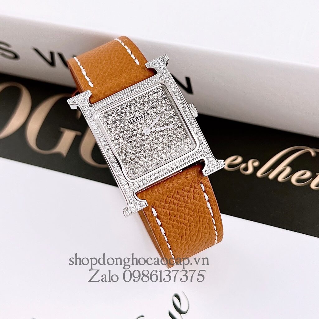 Đồng Hồ Hermes Heure H Diamond Nữ Dây Da Nâu 26x26mm