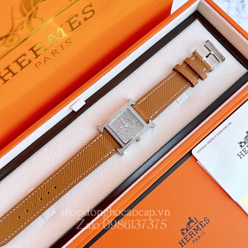 Đồng Hồ Hermes Heure H Diamond Nữ Dây Da Nâu 26x26mm