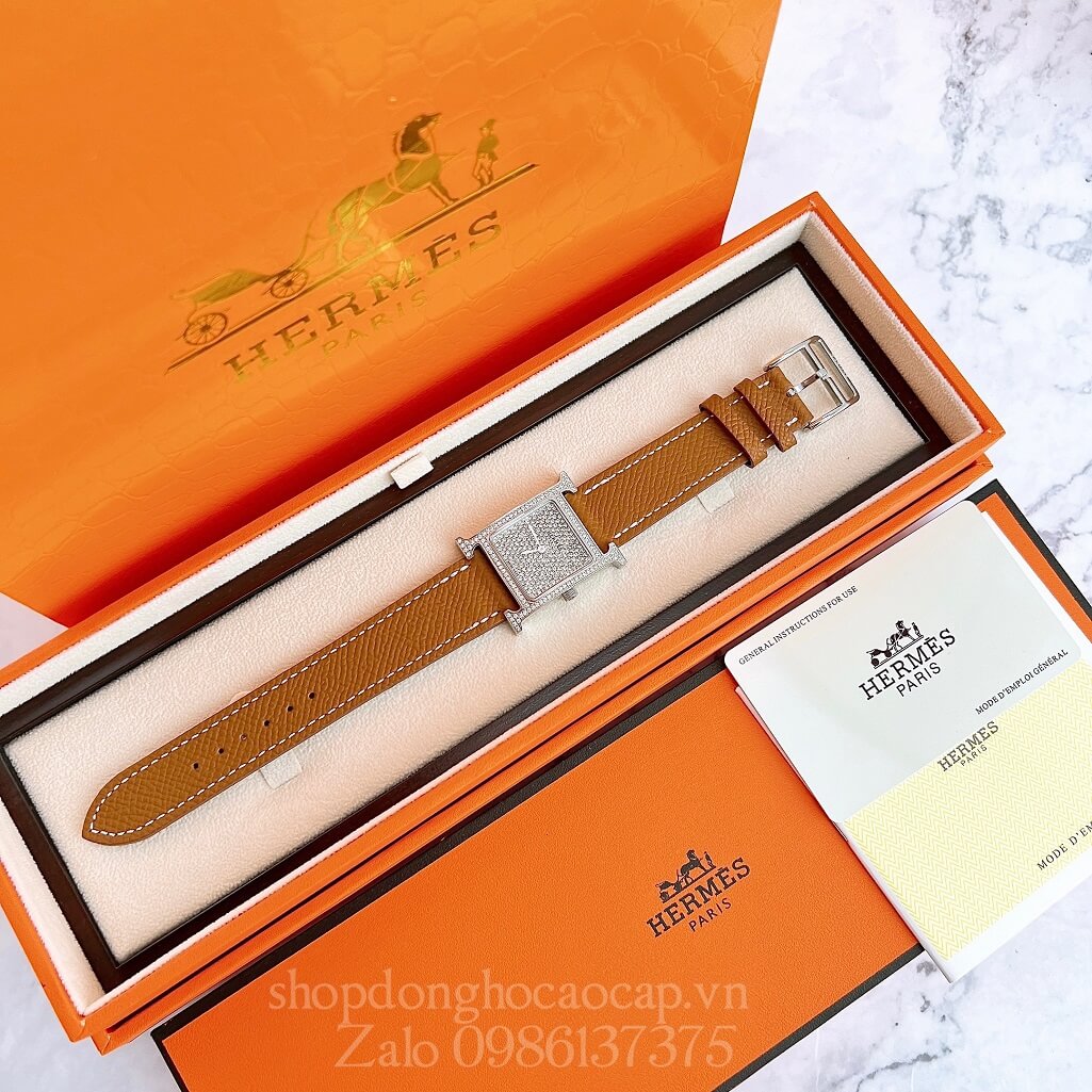 Đồng Hồ Hermes Heure H Diamond Nữ Dây Da Nâu 26x26mm