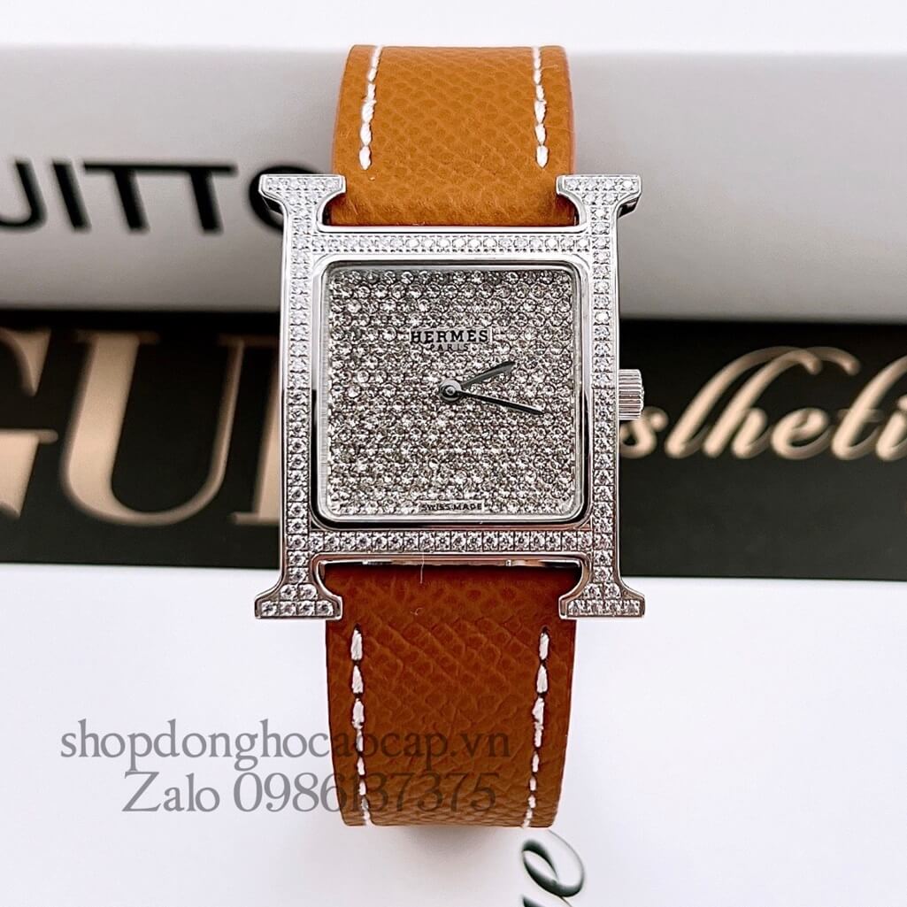 Đồng Hồ Hermes Heure H Diamond Nữ Dây Da Nâu 26x26mm