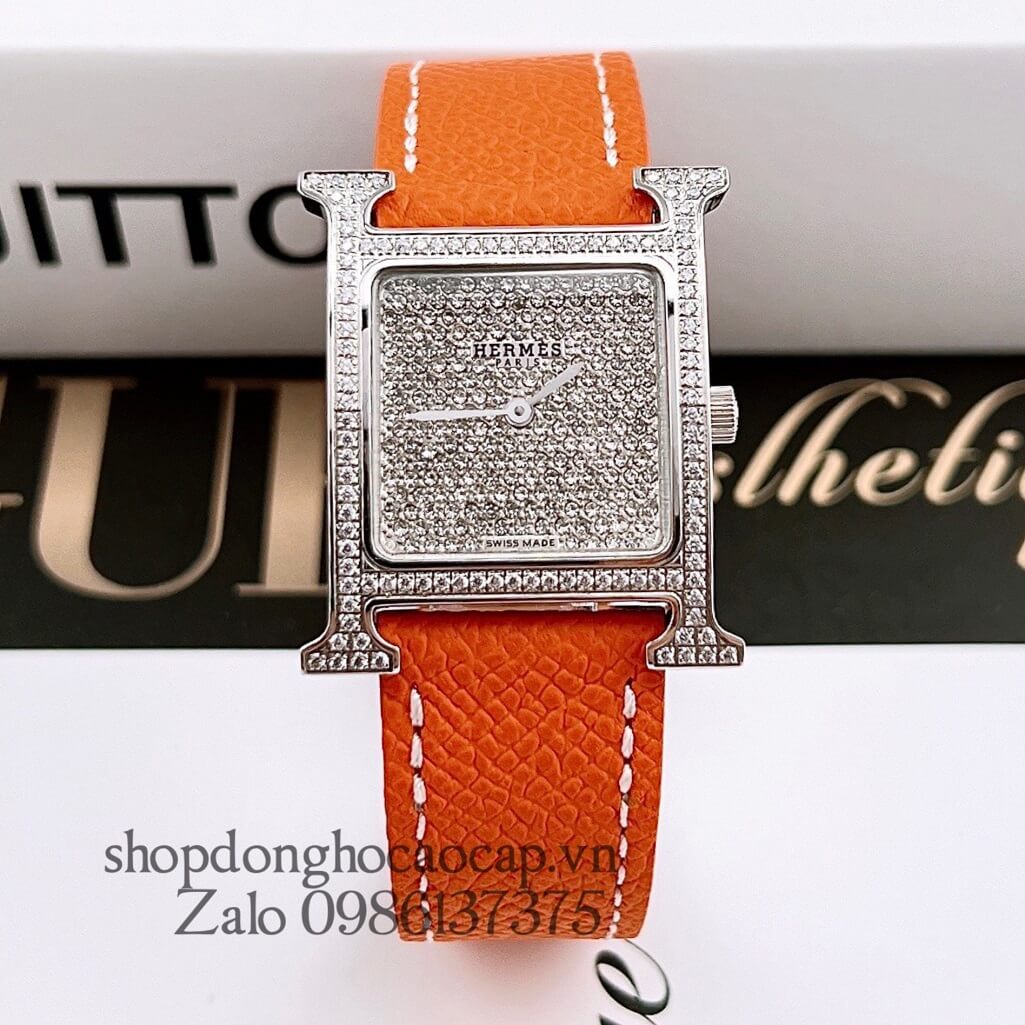 Đồng Hồ Hermes Heure H Diamond Nữ Dây Da Cam 26x26mm