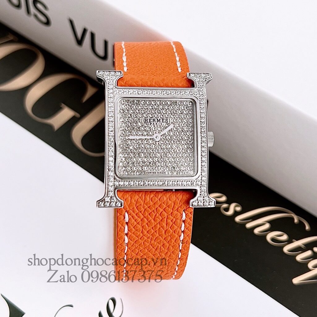 Đồng Hồ Hermes Heure H Diamond Nữ Dây Da Cam 26x26mm