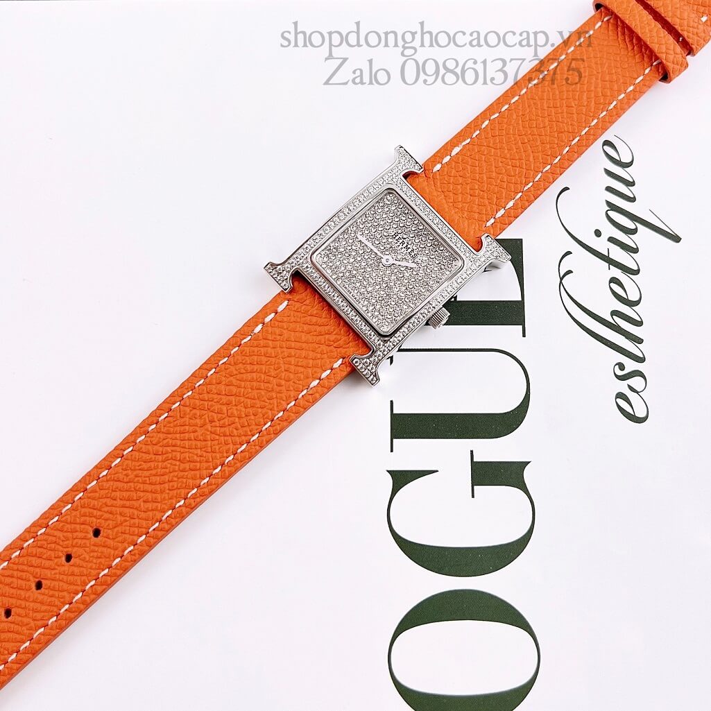 Đồng Hồ Hermes Heure H Diamond Nữ Dây Da Cam 26x26mm