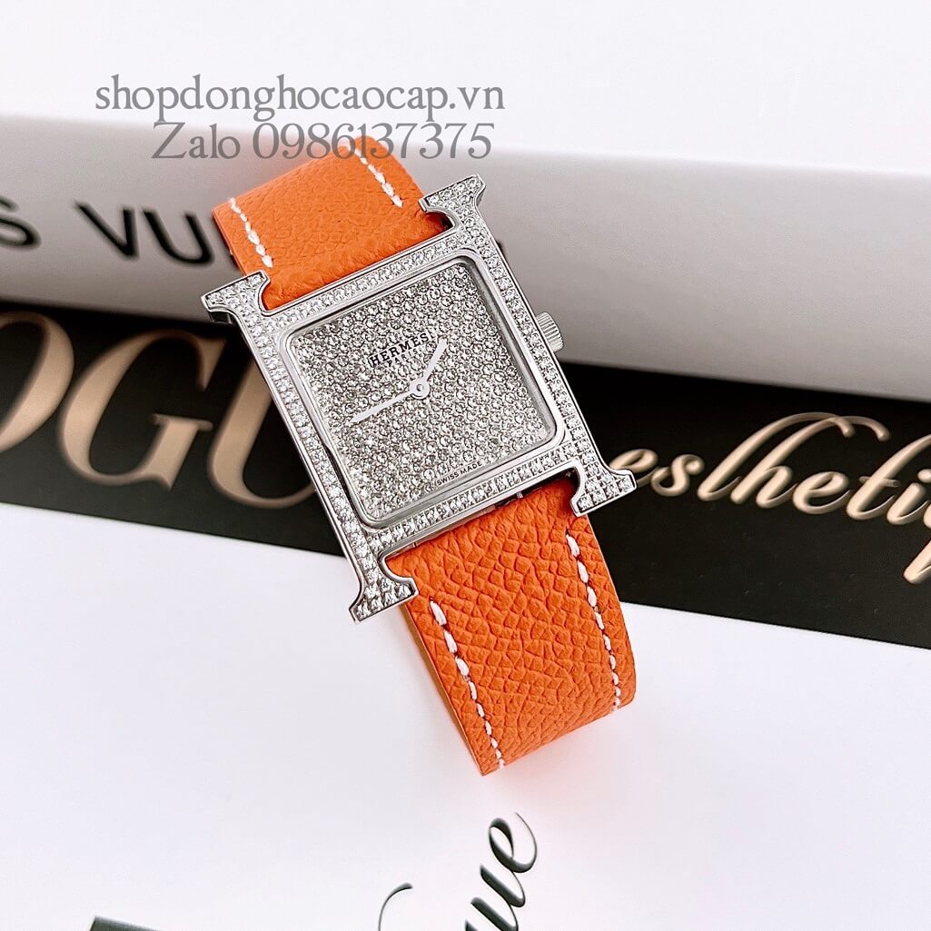 Đồng Hồ Hermes Heure H Diamond Nữ Dây Da Cam 26x26mm