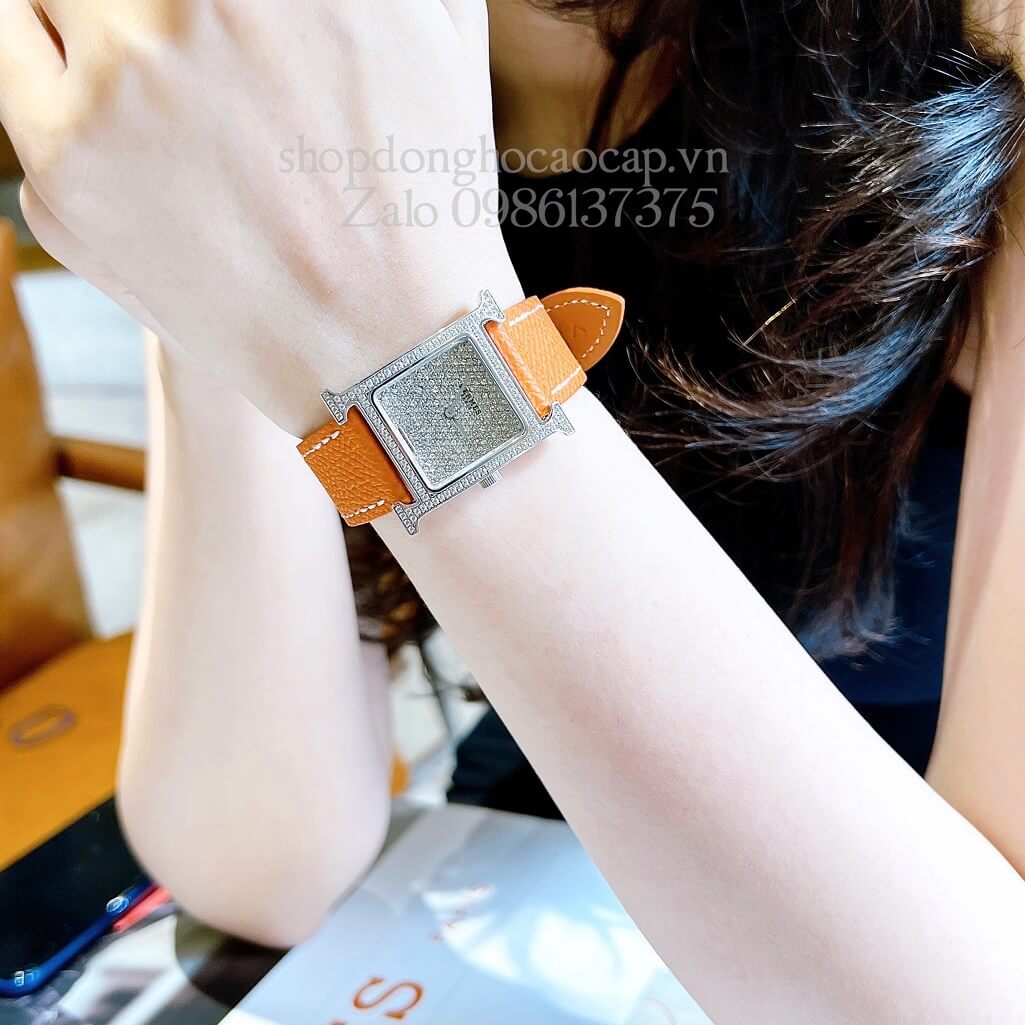 Đồng Hồ Hermes Heure H Diamond Nữ Dây Da Cam 26x26mm