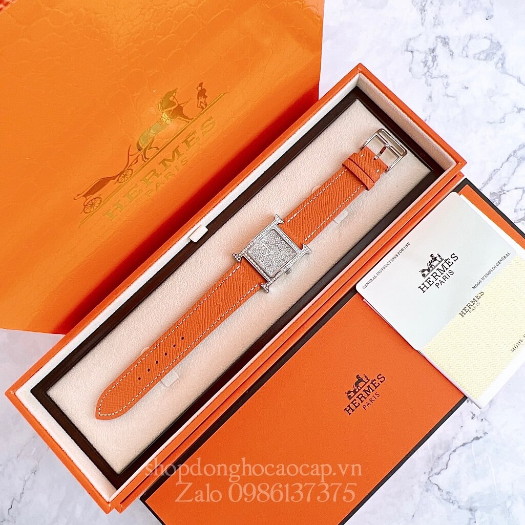 Đồng Hồ Hermes Heure H Diamond Nữ Dây Da Cam 26x26mm