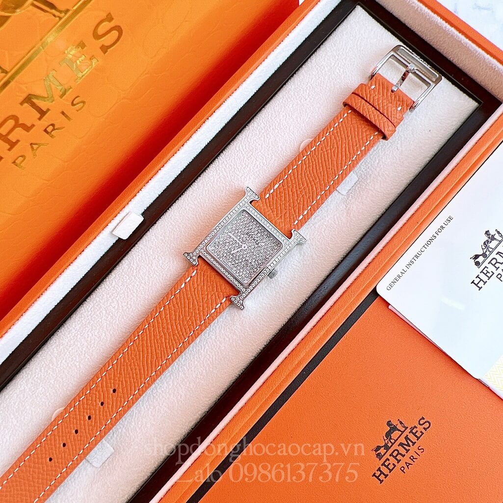 Đồng Hồ Hermes Heure H Diamond Nữ Dây Da Cam 26x26mm