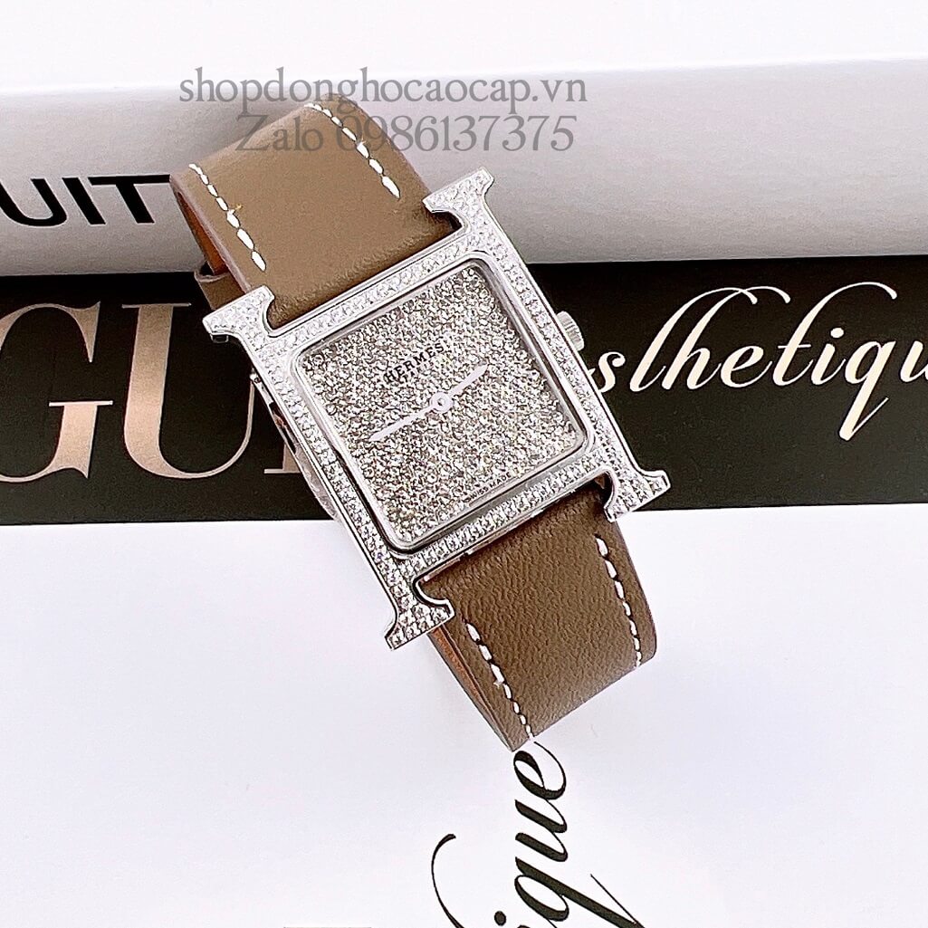 Đồng Hồ Hermes Heure H Diamond Nữ Dây Da Xám Nâu 26x26mm