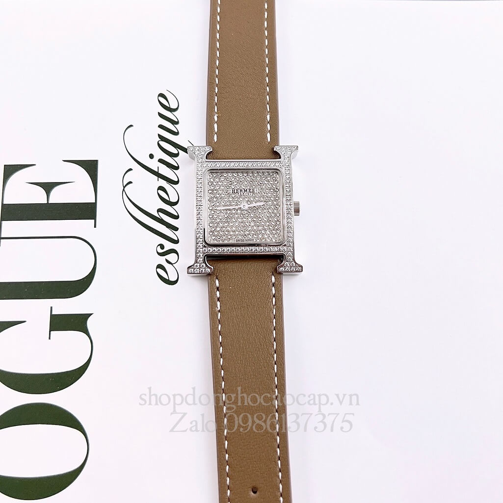 Đồng Hồ Hermes Heure H Diamond Nữ Dây Da Xám Nâu 26x26mm