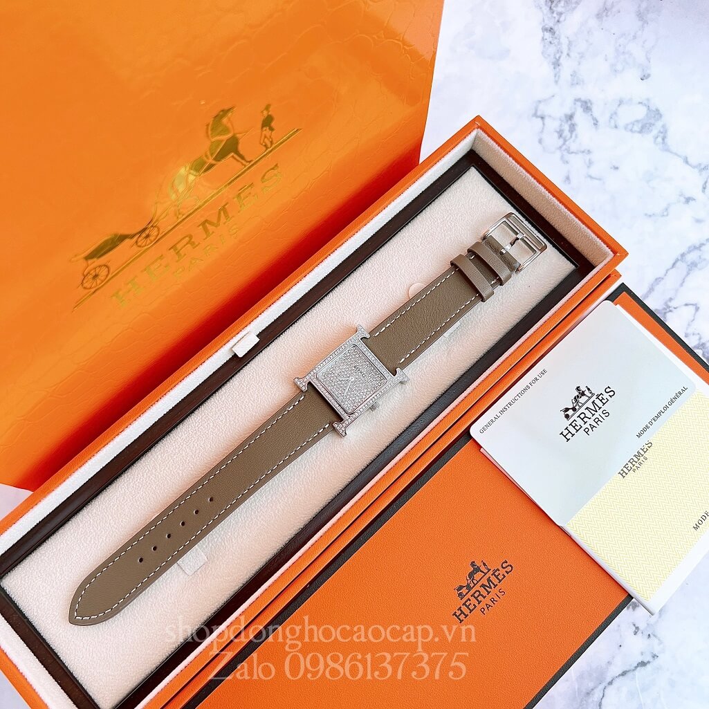 Đồng Hồ Hermes Heure H Diamond Nữ Dây Da Xám Nâu 26x26mm