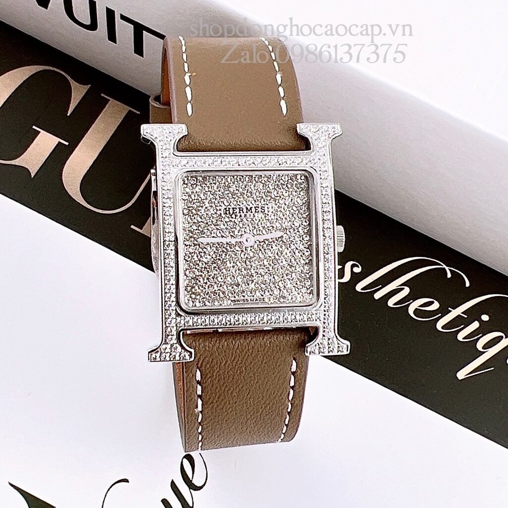 Đồng Hồ Hermes Heure H Diamond Nữ Dây Da Xám Nâu 26x26mm