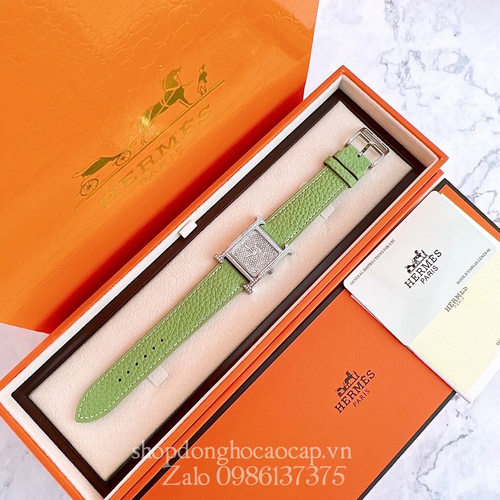 Đồng Hồ Hermes Heure H Diamond Nữ Dây Da Xanh Cốm 26x26mm