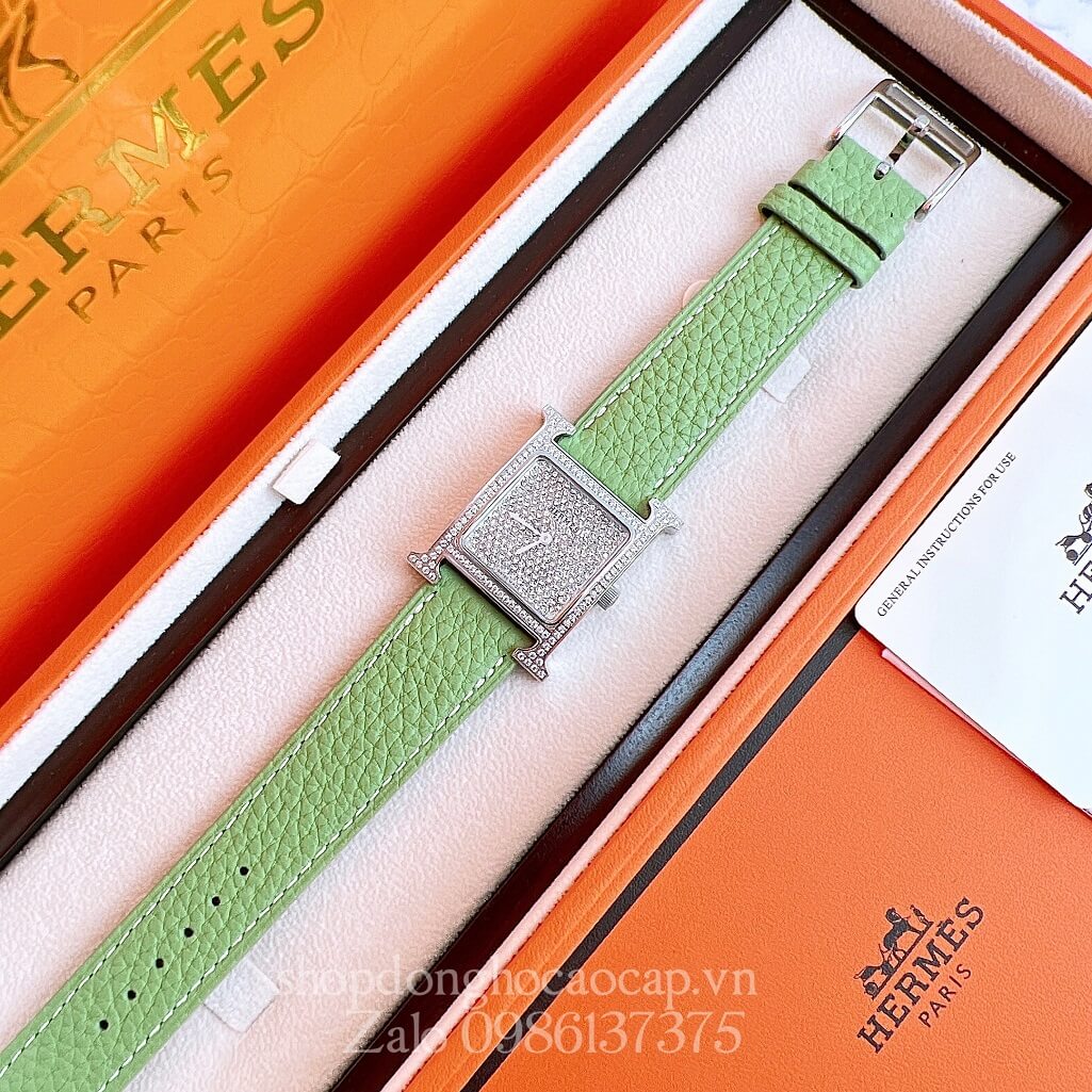 Đồng Hồ Hermes Heure H Diamond Nữ Dây Da Xanh Cốm 26x26mm