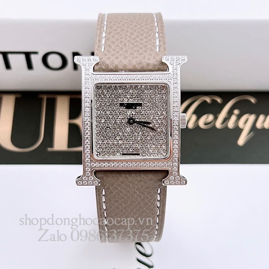 Đồng Hồ Hermes Heure H Diamond Nữ Dây Da Xám Nude 26x26mm