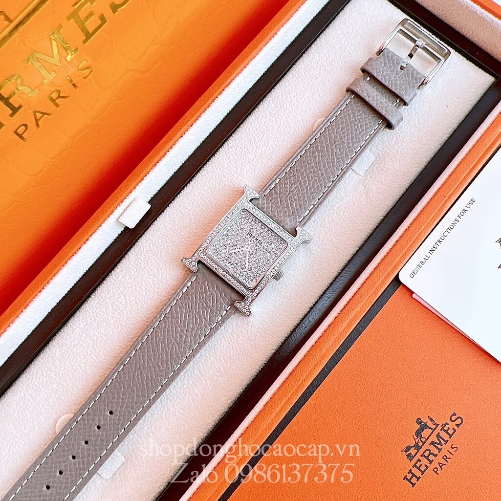 Đồng Hồ Hermes Heure H Diamond Nữ Dây Da Xám Nude 26x26mm