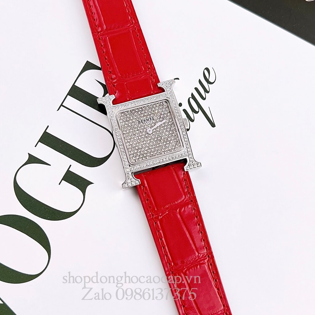 Đồng Hồ Hermes Heure H Diamond Nữ Dây Da Đỏ 26x26mm