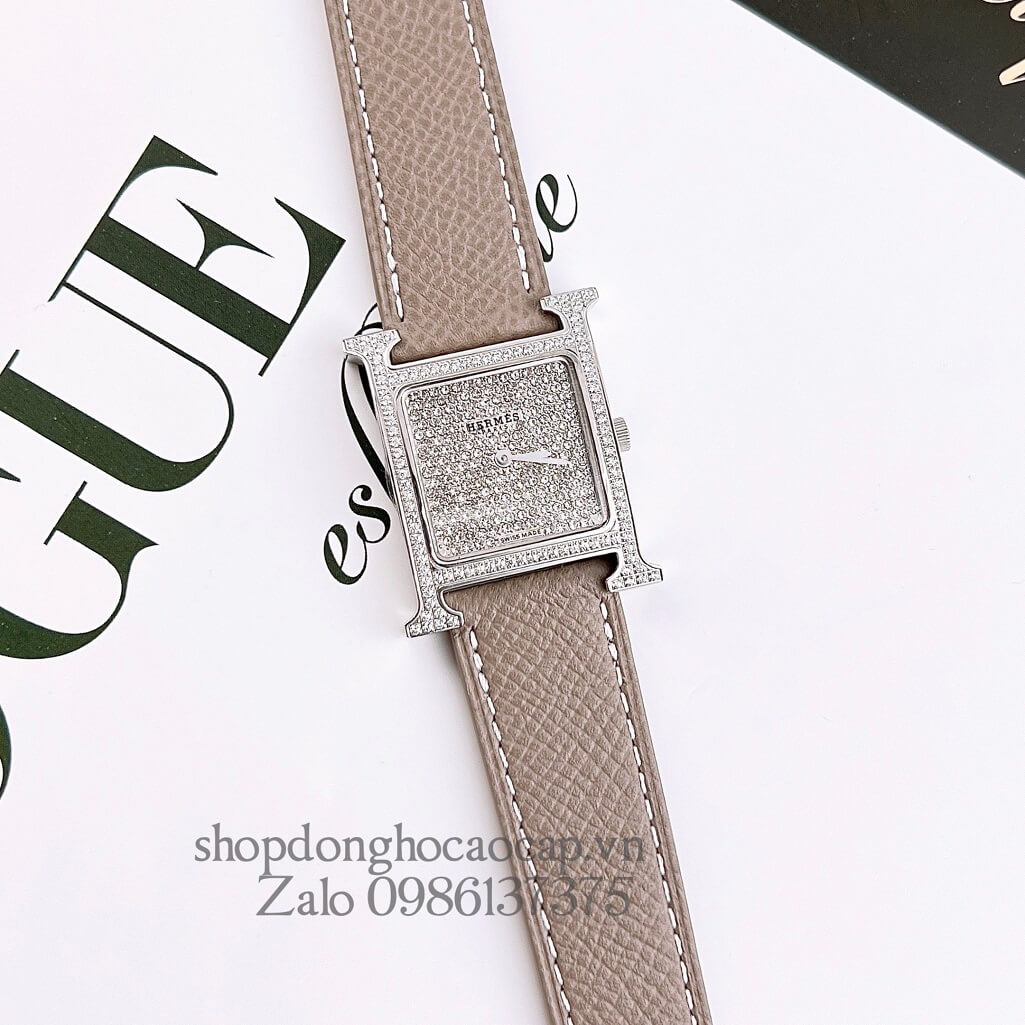 Đồng Hồ Hermes Heure H Diamond Nữ Dây Da Xám Nude 26x26mm