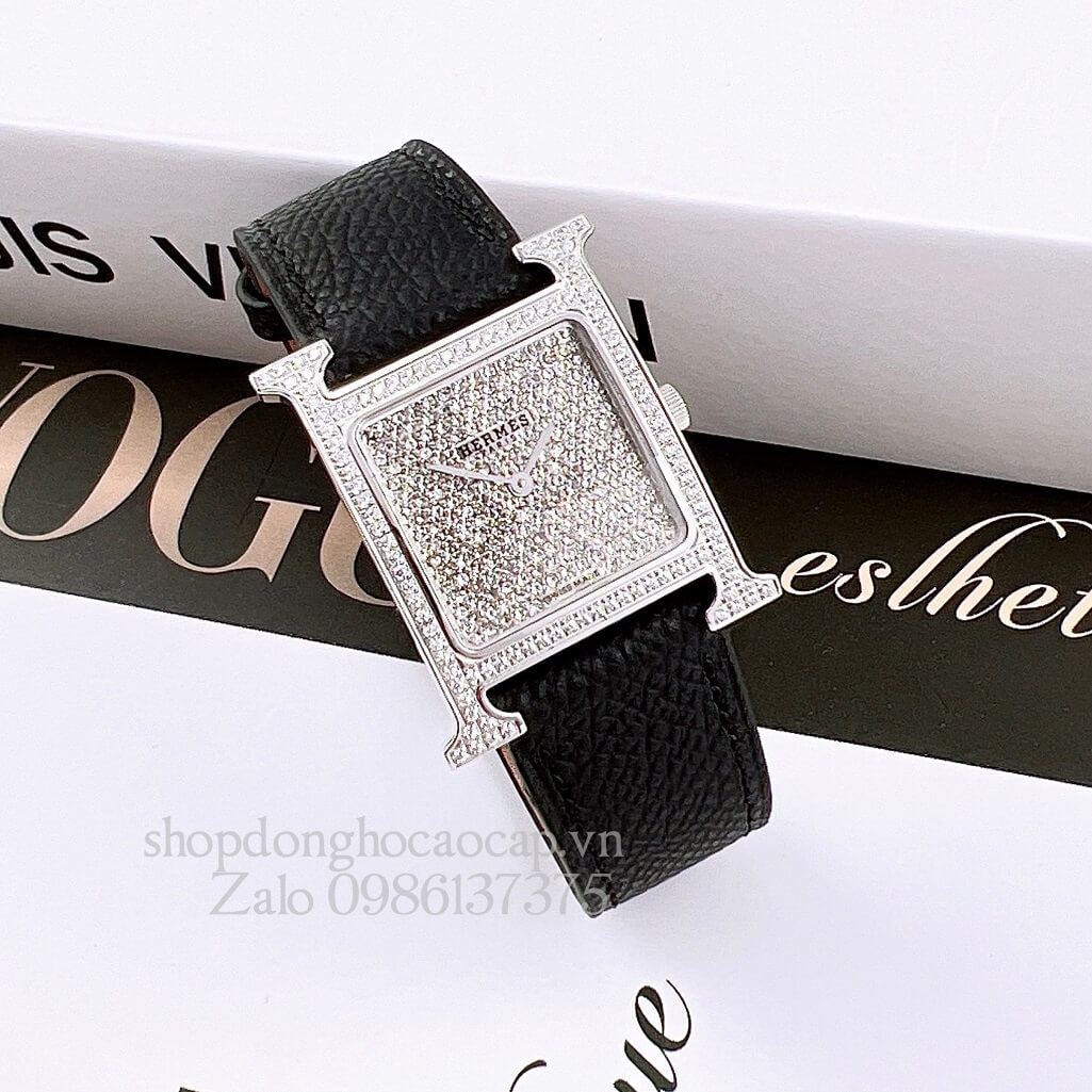 Đồng Hồ Hermes Heure H Diamond Nữ Dây Da Đen 26x26mm