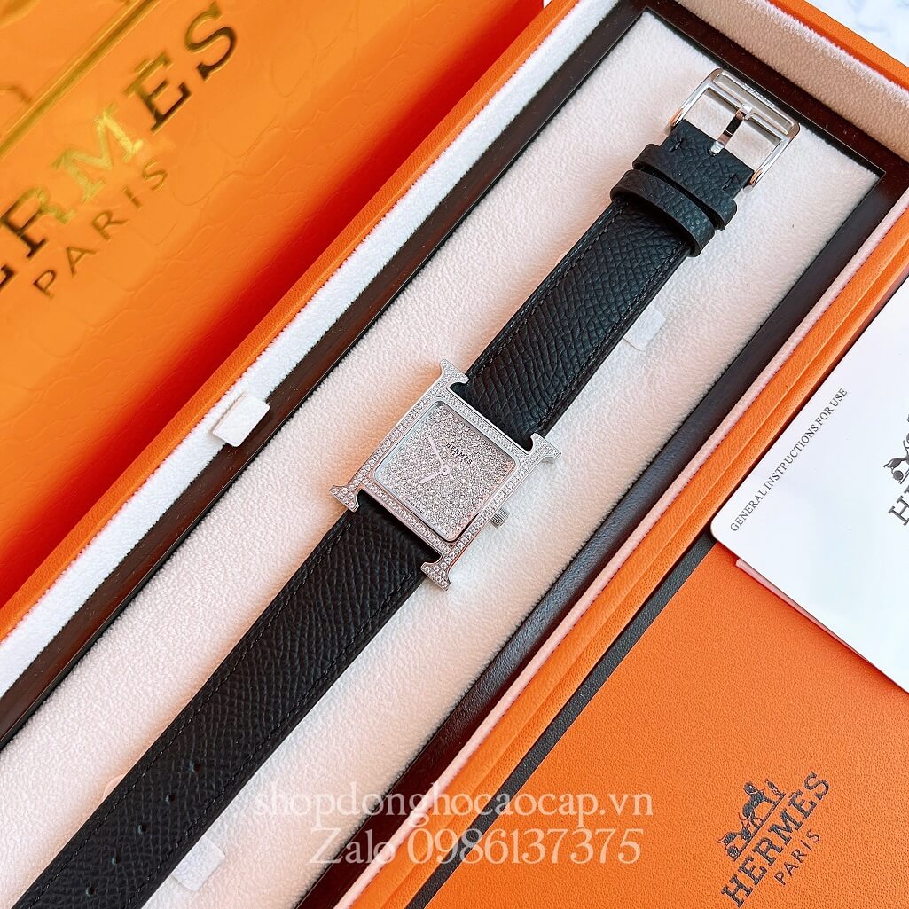 Đồng Hồ Hermes Heure H Diamond Nữ Dây Da Đen 26x26mm