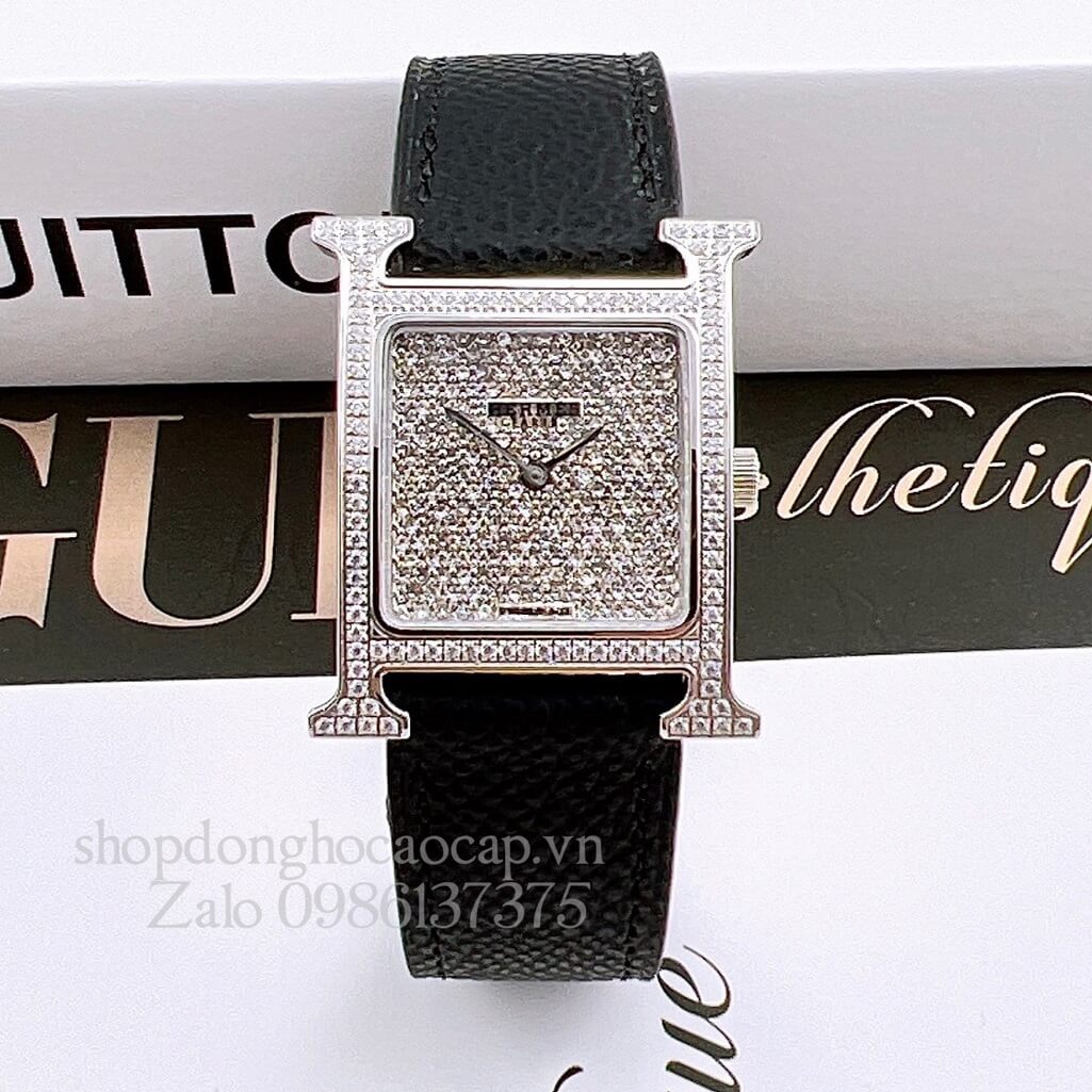 Đồng Hồ Hermes Heure H Diamond Nữ Dây Da Đen 26x26mm