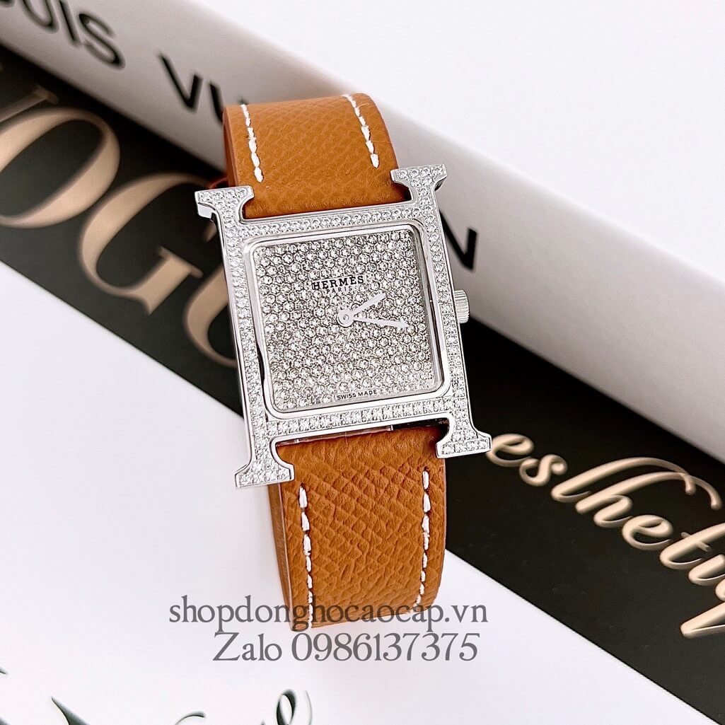 Đồng Hồ Hermes Heure H Diamond Nữ Dây Da Nâu 26x26mm