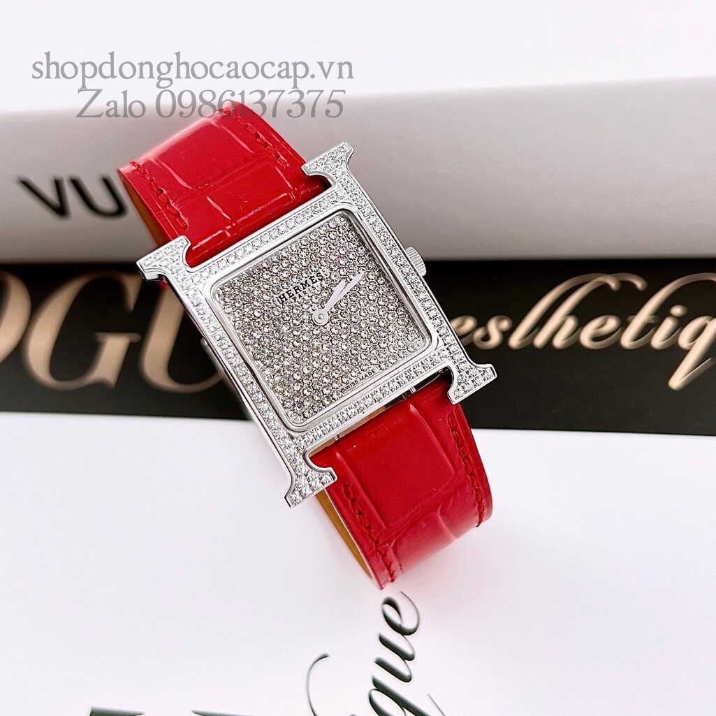 Đồng Hồ Hermes Heure H Diamond Nữ Dây Da Đỏ 26x26mm