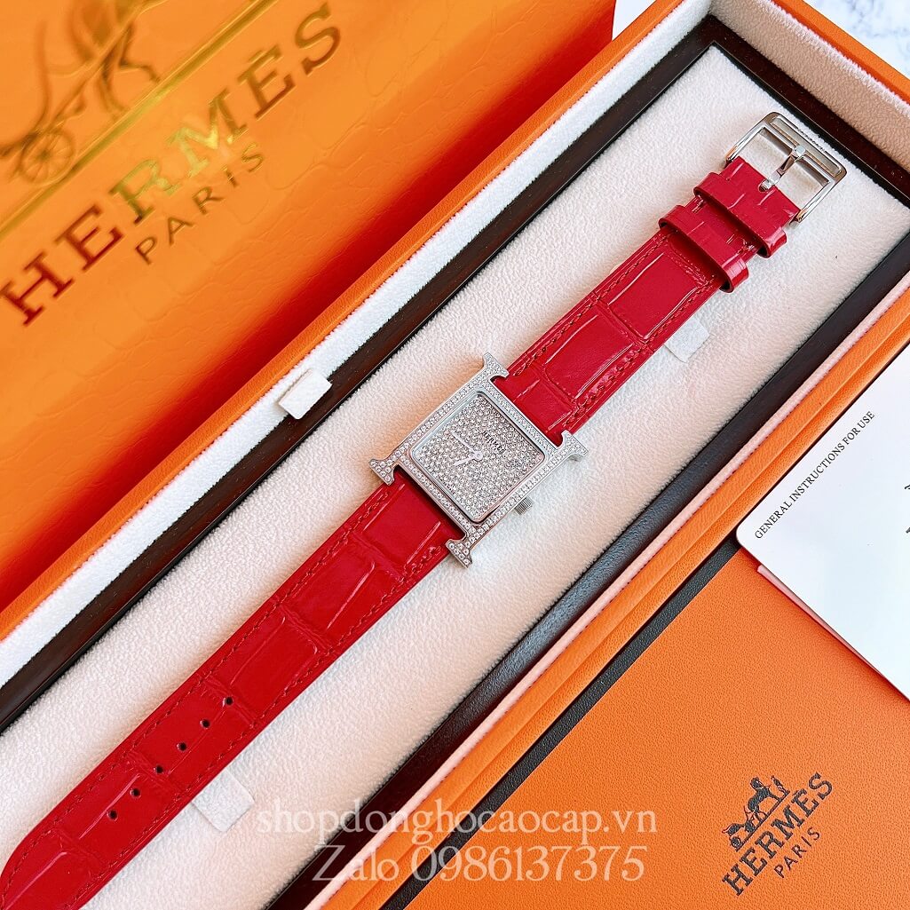 Đồng Hồ Hermes Heure H Diamond Nữ Dây Da Đỏ 26x26mm