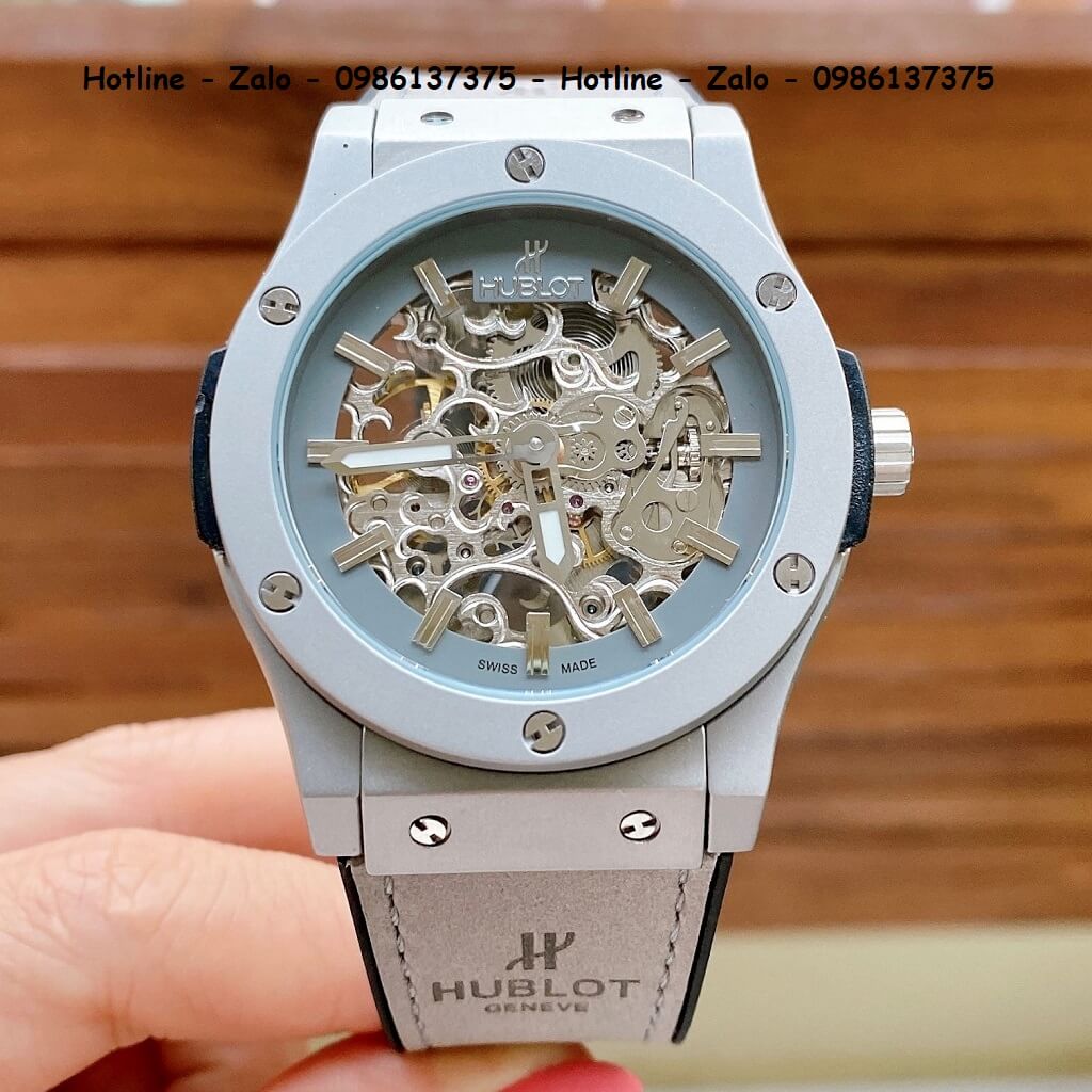 Đồng Hồ Hublot Automatic Nam Dây Da Silicon Xám 42mm Lộ Máy