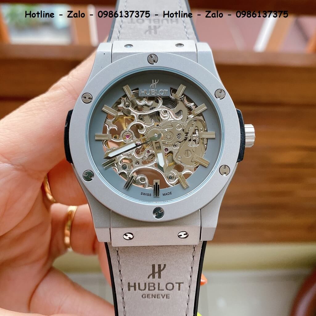 Đồng Hồ Hublot Automatic Nam Dây Da Silicon Xám 42mm Lộ Máy