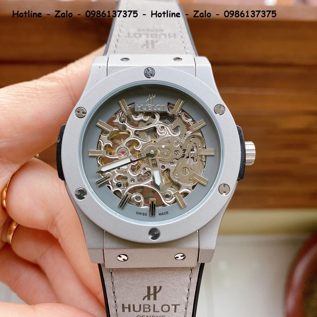 Đồng Hồ Hublot Automatic Nam Dây Da Silicon Xám 42mm Lộ Máy