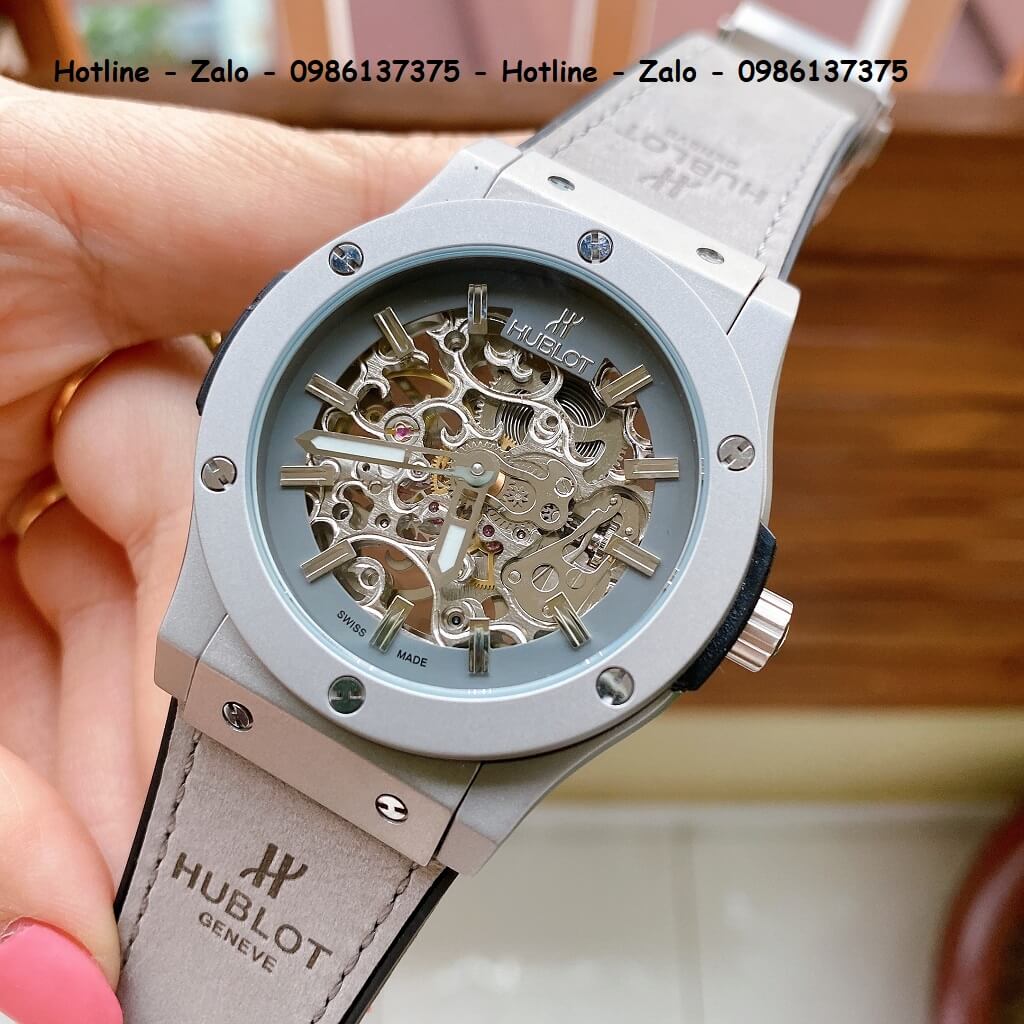 Đồng Hồ Hublot Automatic Nam Dây Da Silicon Xám 42mm Lộ Máy