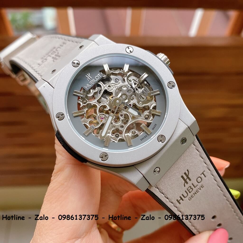 Đồng Hồ Hublot Automatic Nam Dây Da Silicon Xám 42mm Lộ Máy