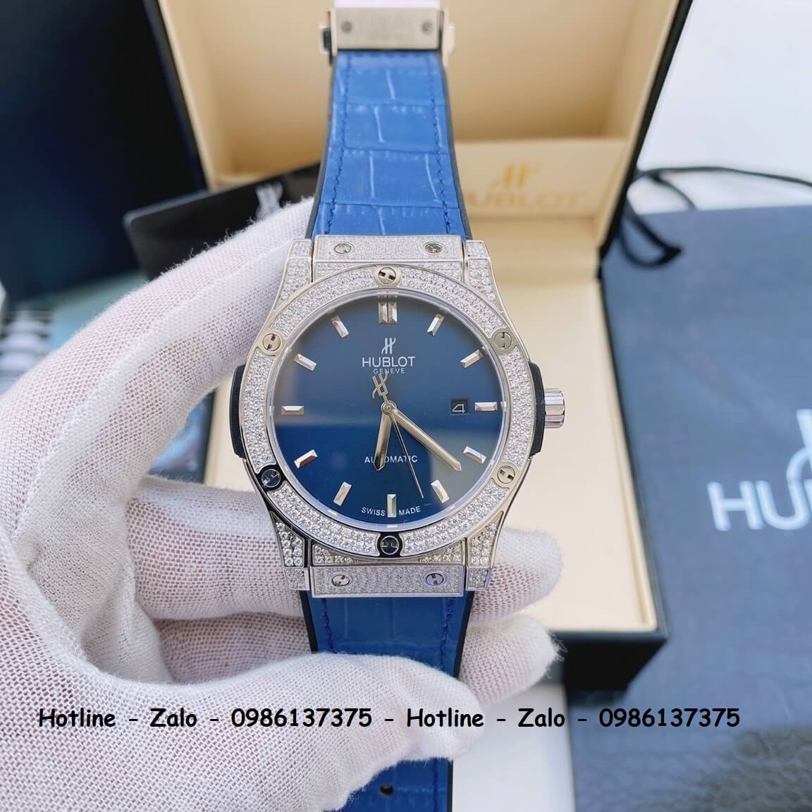 Đồng Hồ Hublot Automatic Nam Dây Da Silicon Xanh Đính Đá