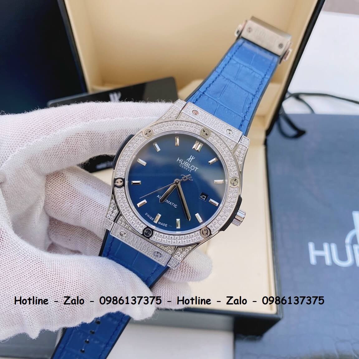 Đồng Hồ Hublot Automatic Nam Dây Da Silicon Xanh Đính Đá