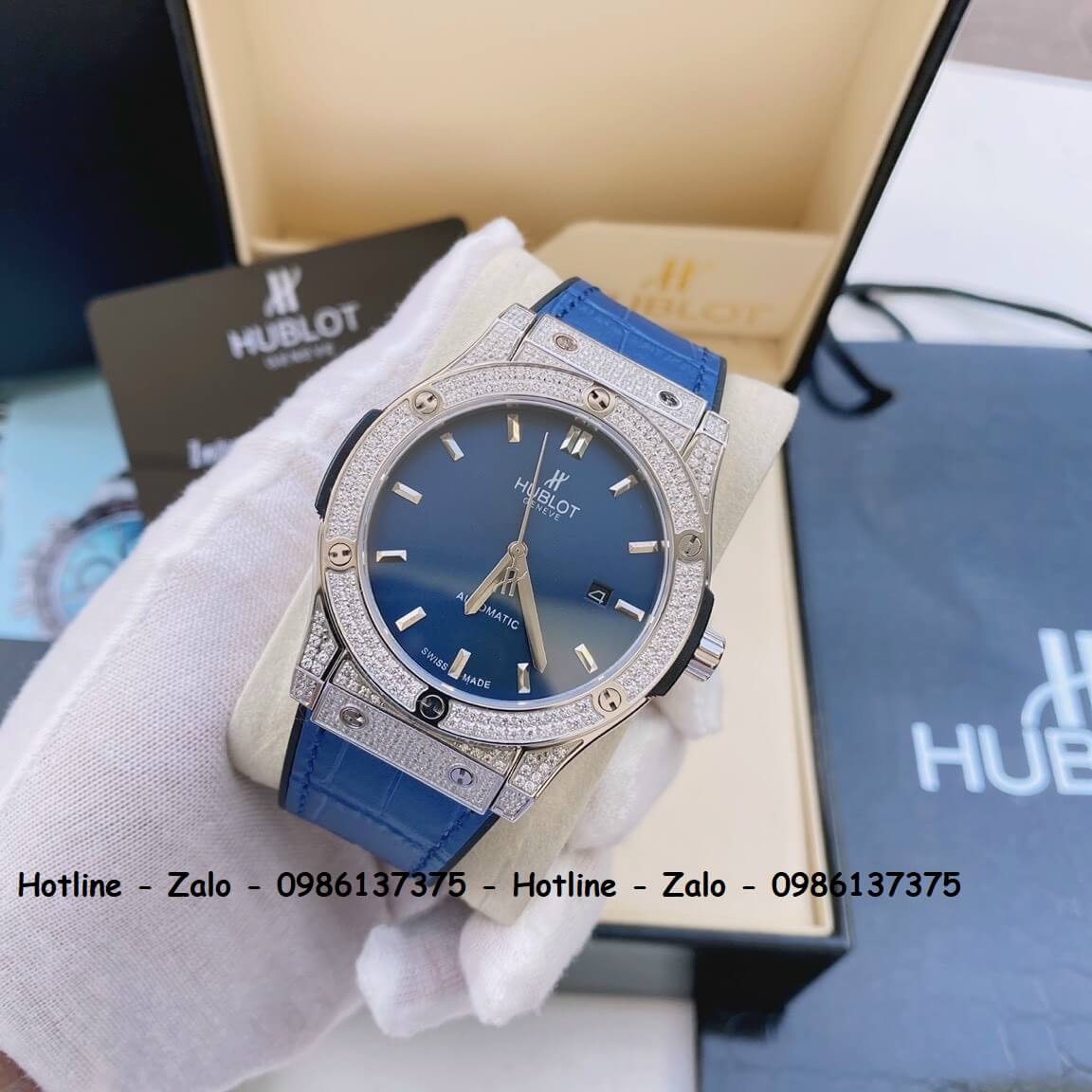 Đồng Hồ Hublot Automatic Nam Dây Da Silicon Xanh Đính Đá