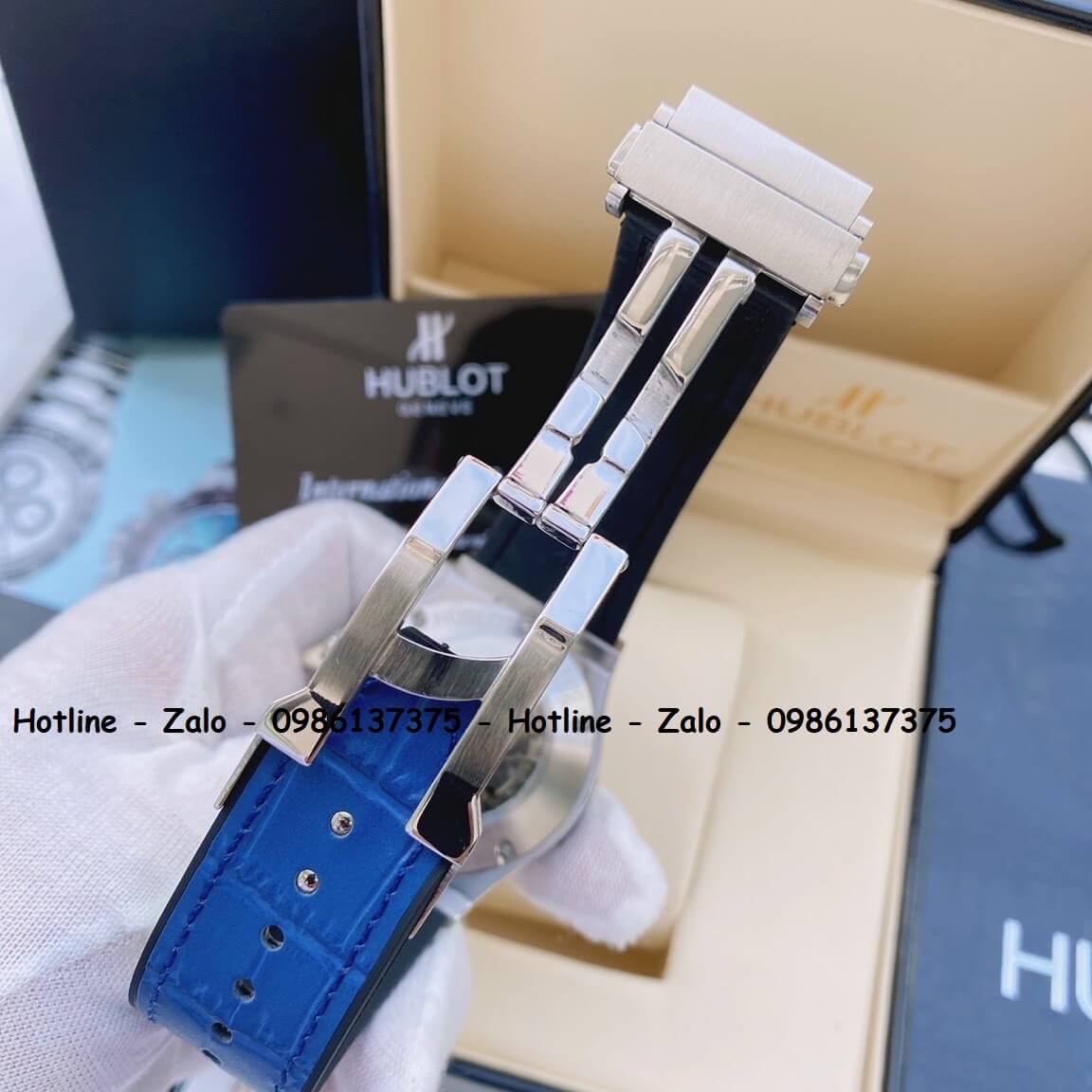 Đồng Hồ Hublot Automatic Nam Dây Da Silicon Xanh Đính Đá