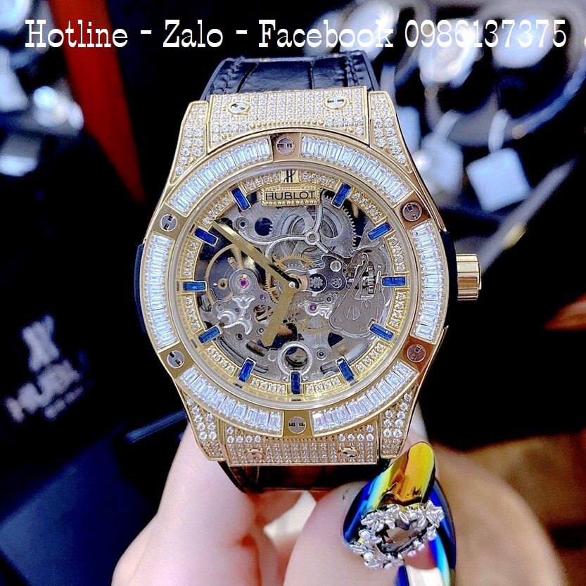 Đồng Hồ Nam Hublot Automatic Lộ Máy Dây Da Silicon Đen 42mm Gold