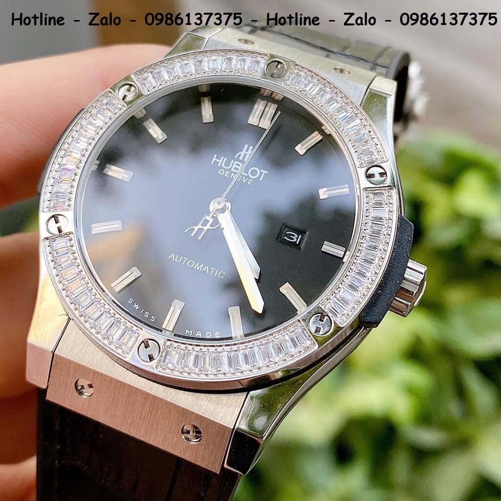 Đồng Hồ Hublot Automatic Nam Silicon Đen Đính Đá Silver 42mm