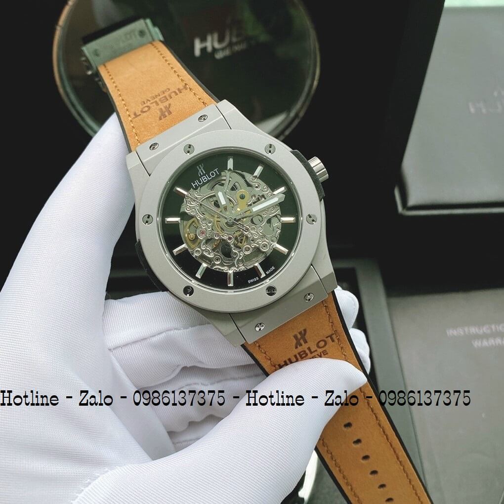 Đồng Hồ Nam Hublot Automatic Dây Da Silicon Nâu 42mm Lộ Máy