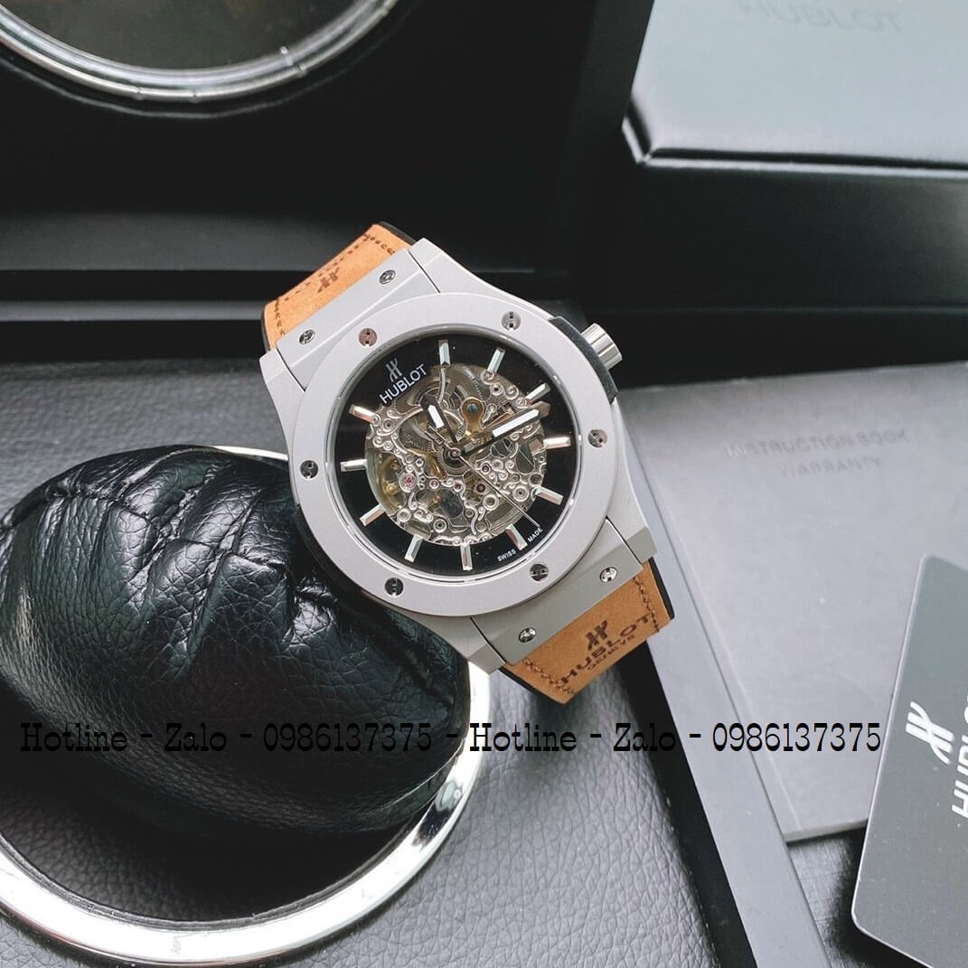 Đồng Hồ Nam Hublot Automatic Dây Da Silicon Nâu 42mm Lộ Máy