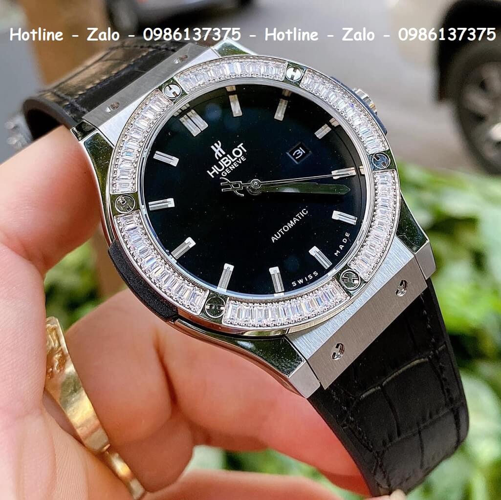 Đồng Hồ Hublot Automatic Nam Silicon Đen Đính Đá Silver 42mm